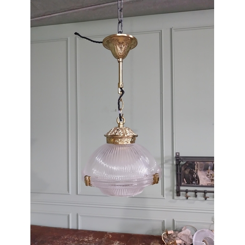 15 - Pair of good quality glass Holophane light shades with decorative brass gallery and chain {50 cm H x... 