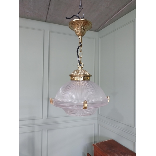 15 - Pair of good quality glass Holophane light shades with decorative brass gallery and chain {50 cm H x... 