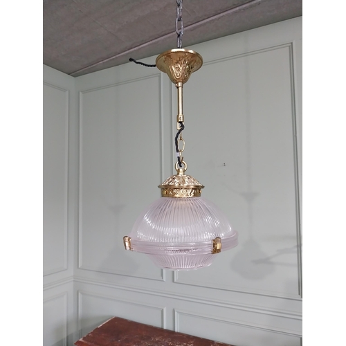 15 - Pair of good quality glass Holophane light shades with decorative brass gallery and chain {50 cm H x... 