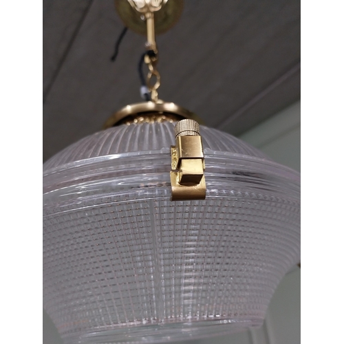 15 - Pair of good quality glass Holophane light shades with decorative brass gallery and chain {50 cm H x... 