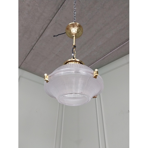 15 - Pair of good quality glass Holophane light shades with decorative brass gallery and chain {50 cm H x... 