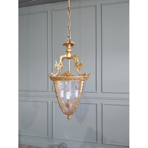 151 - Good quality French gilded brass hall lantern with etched glass panels in the Victorian style {Drop ... 