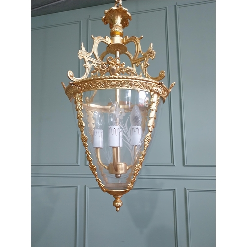 151 - Good quality French gilded brass hall lantern with etched glass panels in the Victorian style {Drop ... 