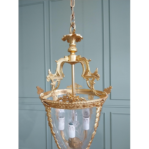 151 - Good quality French gilded brass hall lantern with etched glass panels in the Victorian style {Drop ... 