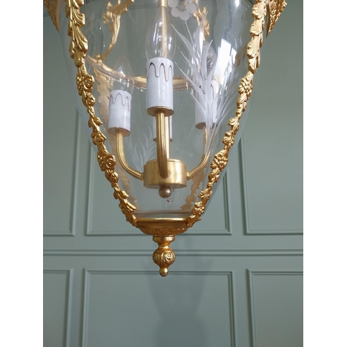 151 - Good quality French gilded brass hall lantern with etched glass panels in the Victorian style {Drop ... 