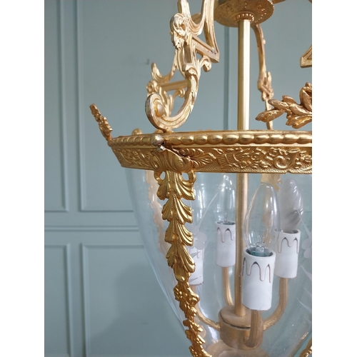 151 - Good quality French gilded brass hall lantern with etched glass panels in the Victorian style {Drop ... 