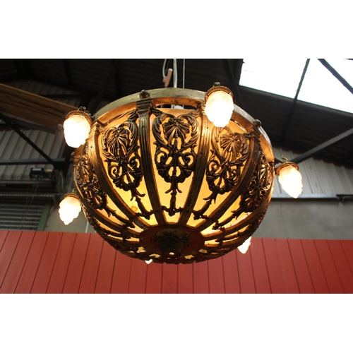 154 - Bronze and opaque glass centre light with six flame droplets {H 40cm x Dia 90cm } - NOT AVAILABLE TO... 