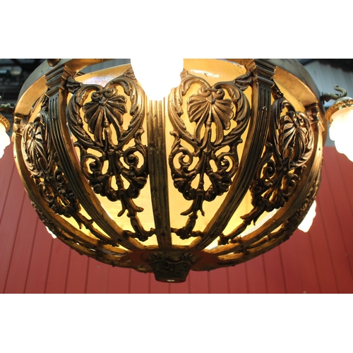 154 - Bronze and opaque glass centre light with six flame droplets {H 40cm x Dia 90cm } - NOT AVAILABLE TO... 