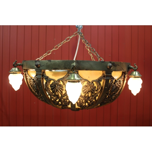 154 - Bronze and opaque glass centre light with six flame droplets {H 40cm x Dia 90cm } - NOT AVAILABLE TO... 