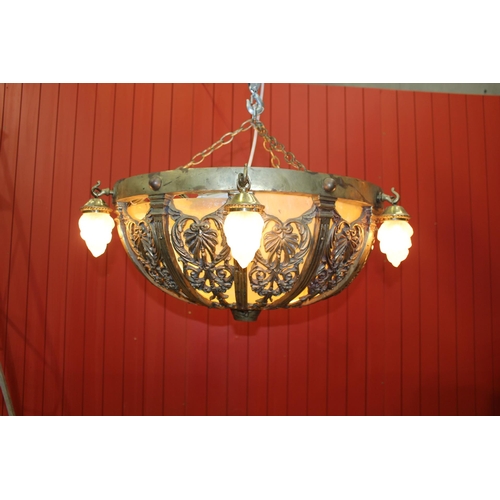 154A - Bronze and opaque glass centre light with six flame droplets{H 40cm x Dia 90cm } - NOT AVAILABLE TO ... 