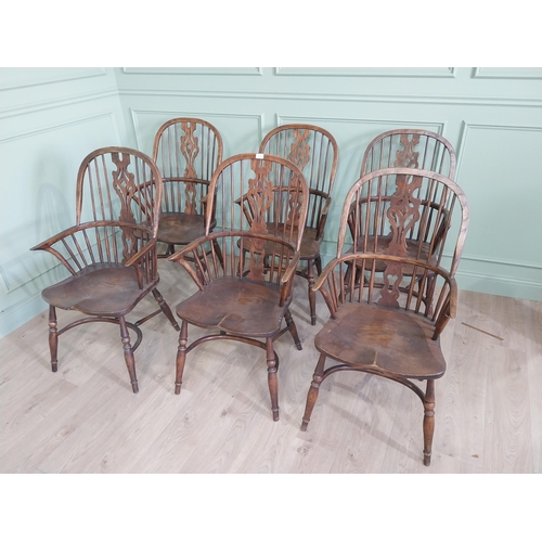 159 - Set of six early 20th C. ash and elm Windsor armchairs raised on carved legs {106 cm H x 58 cm W x 5... 