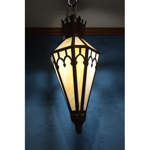 164 - Bronze ceiling light in the form of a pendant with stain glass panels{H 90cm x Dia 40cm} - NOT AVAIL... 