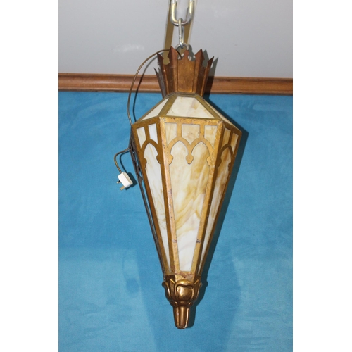 164 - Bronze ceiling light in the form of a pendant with stain glass panels{H 90cm x Dia 40cm} - NOT AVAIL... 