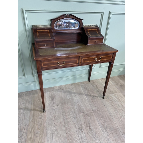 179 - Edwardian mahogany and satinwood inlaid ladies writing desk with inset leather top and two drawers i... 