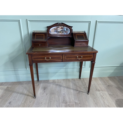 179 - Edwardian mahogany and satinwood inlaid ladies writing desk with inset leather top and two drawers i... 