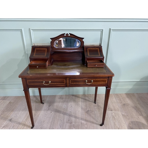 179 - Edwardian mahogany and satinwood inlaid ladies writing desk with inset leather top and two drawers i... 