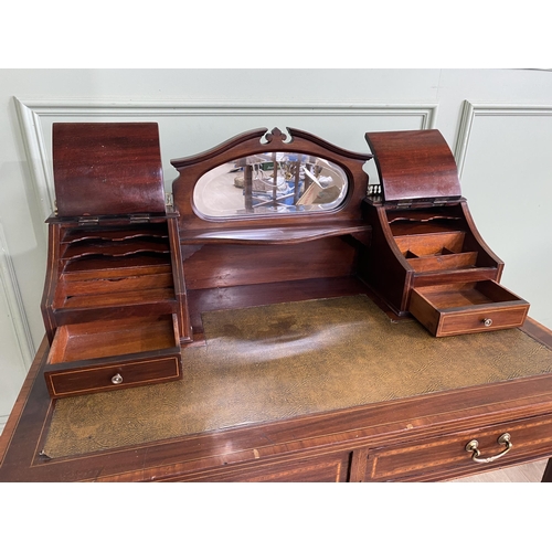 179 - Edwardian mahogany and satinwood inlaid ladies writing desk with inset leather top and two drawers i... 