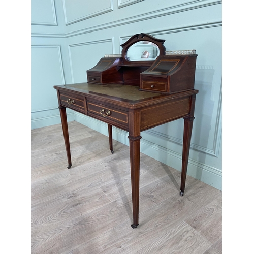 179 - Edwardian mahogany and satinwood inlaid ladies writing desk with inset leather top and two drawers i... 