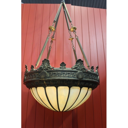 182 - Bronze hanging ceiling light with cream opaline glass panels {H 50cm x Dia 84cm and chain L 110cm } ... 