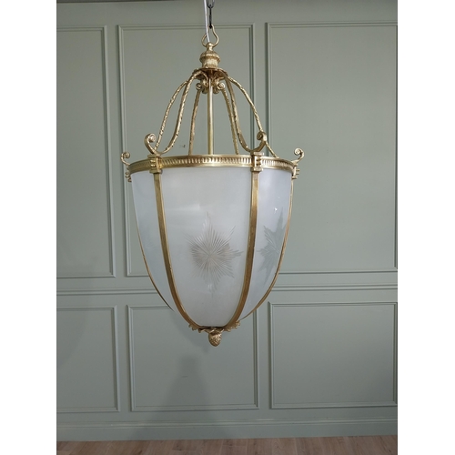 190 - French brass hall lantern with etched glass panels {100 cm H x 56 cm Dia.}.