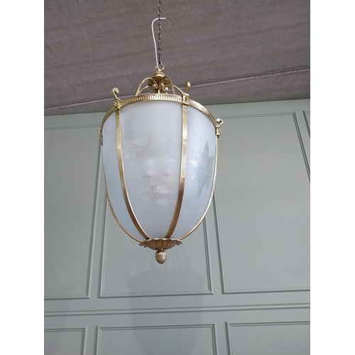 190 - French brass hall lantern with etched glass panels {100 cm H x 56 cm Dia.}.