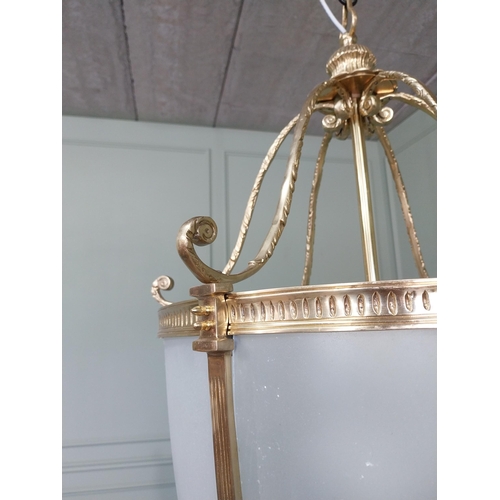 190 - French brass hall lantern with etched glass panels {100 cm H x 56 cm Dia.}.