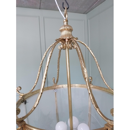 190 - French brass hall lantern with etched glass panels {100 cm H x 56 cm Dia.}.