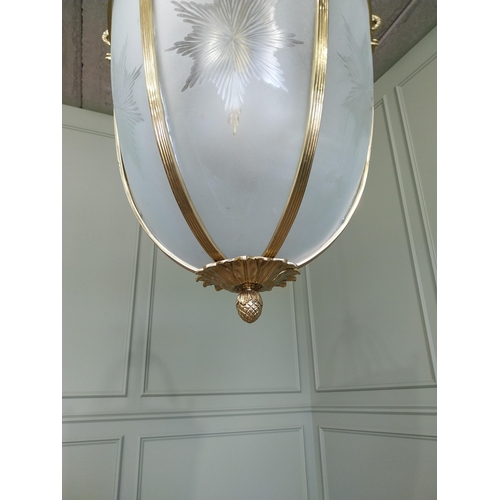 190 - French brass hall lantern with etched glass panels {100 cm H x 56 cm Dia.}.