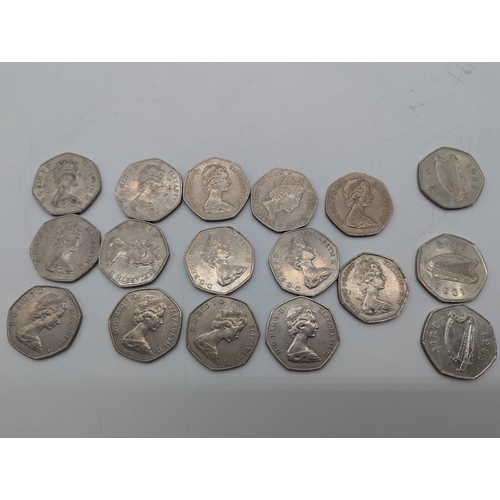 1906 - Collection of fourteen English 50p coins and three Irish 50p coins