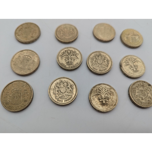 1909 - Collection of nine English �1 coins (Dates: 1983-2012) and three Pesetas (Dates: 1984 -1986)