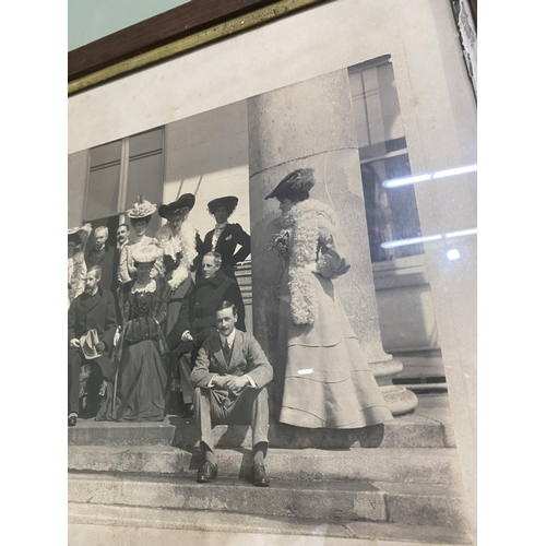 192 - Early 20th C. Family estate scene black and white picture mounted in oak frame {40 cm H x 50 cm W}.