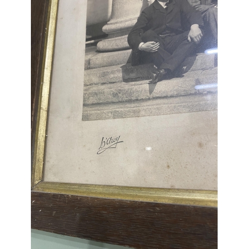 192 - Early 20th C. Family estate scene black and white picture mounted in oak frame {40 cm H x 50 cm W}.