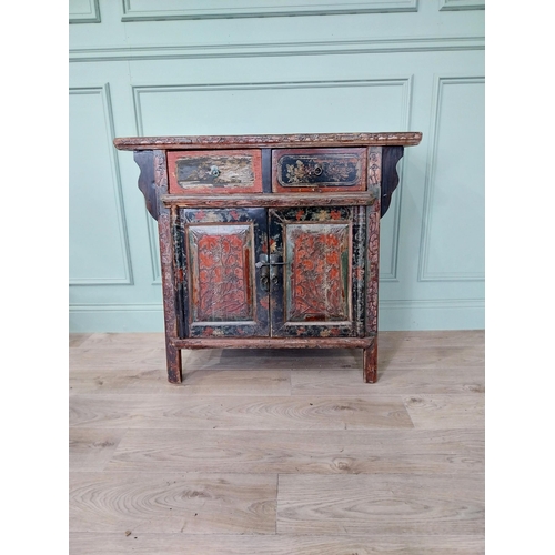 196 - Oriental painted hardwood side cabinet with two short drawers over two blind doors raised on square ... 