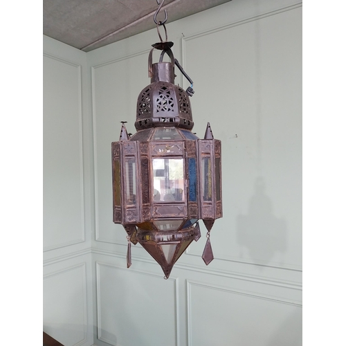 201 - Moroccan decorative metal lantern with coloured glass panels {60 cm H x 24 cm Dia.}.