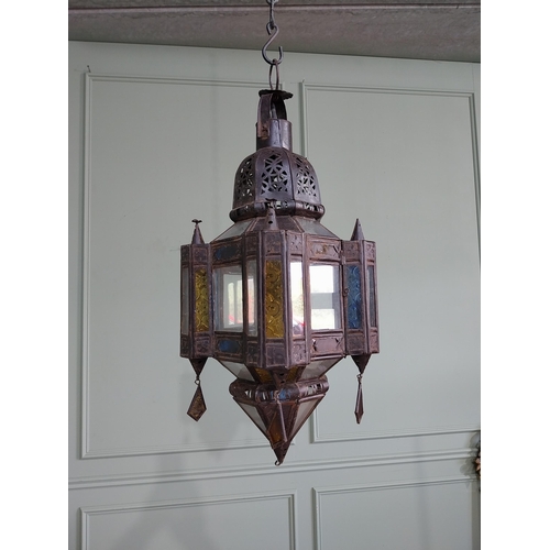 201 - Moroccan decorative metal lantern with coloured glass panels {60 cm H x 24 cm Dia.}.