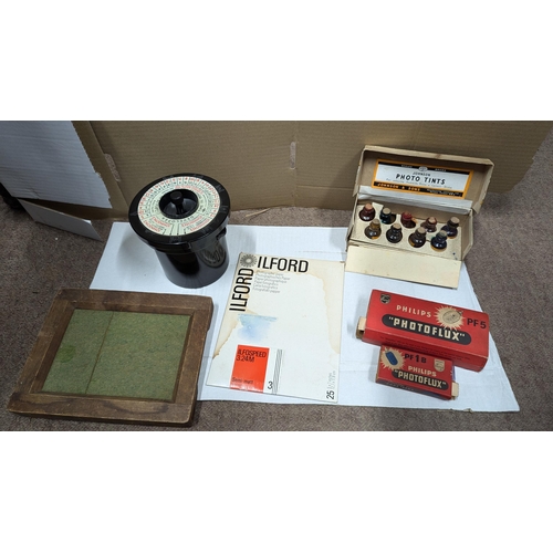 2015 - Collection of photography items to include bulbs, tints, development chamber and printers frame