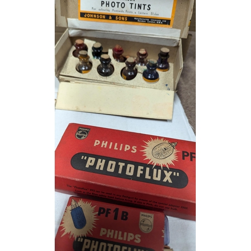 2015 - Collection of photography items to include bulbs, tints, development chamber and printers frame