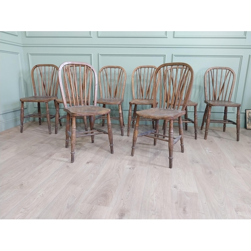 206 - Set of eight ash and elm kitchen chairs raised on turned legs {90 cm H x 40 cm W  x 45 cm D}.