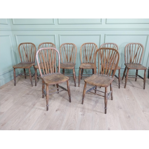 206 - Set of eight ash and elm kitchen chairs raised on turned legs {90 cm H x 40 cm W  x 45 cm D}.