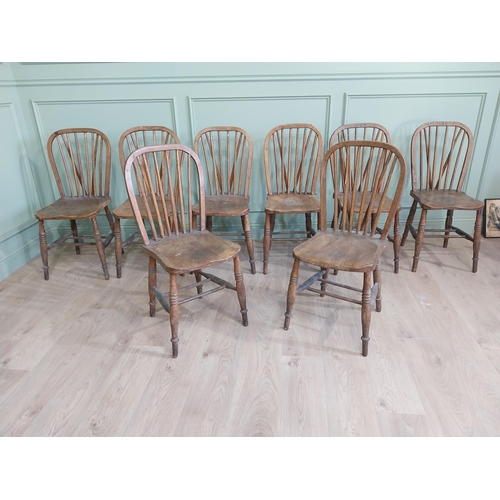 206 - Set of eight ash and elm kitchen chairs raised on turned legs {90 cm H x 40 cm W  x 45 cm D}.