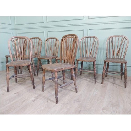 206 - Set of eight ash and elm kitchen chairs raised on turned legs {90 cm H x 40 cm W  x 45 cm D}.