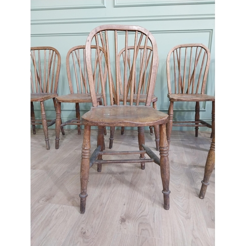 206 - Set of eight ash and elm kitchen chairs raised on turned legs {90 cm H x 40 cm W  x 45 cm D}.