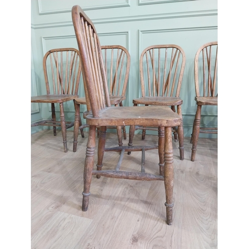 206 - Set of eight ash and elm kitchen chairs raised on turned legs {90 cm H x 40 cm W  x 45 cm D}.