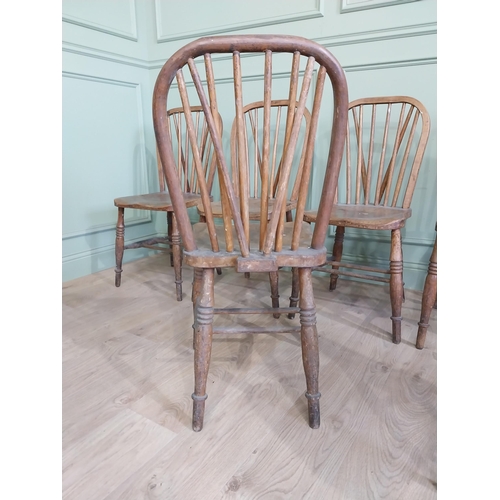 206 - Set of eight ash and elm kitchen chairs raised on turned legs {90 cm H x 40 cm W  x 45 cm D}.