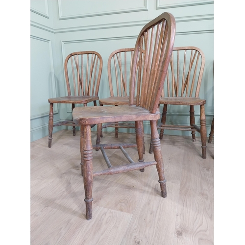 206 - Set of eight ash and elm kitchen chairs raised on turned legs {90 cm H x 40 cm W  x 45 cm D}.