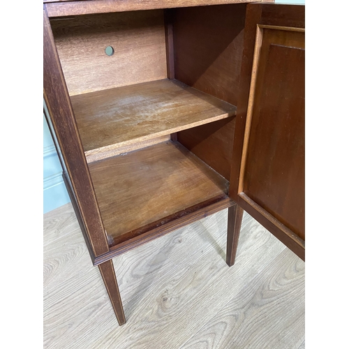 212 - Edwardian mahogany and ebonised inlaid pot cupboard with single door raised on square tapered legs {... 