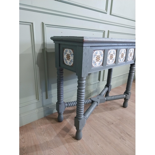 214 - Early 20th C. French painted oak jardinière with inset ceramic tiles and lead liner {96 cm H x 107 c... 