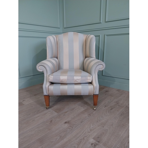 219 - Exceptional quality Duresta Somerset Wingback chair upholstered in Powder Blue Stripe and Gold raise... 