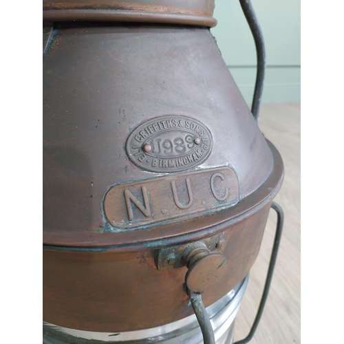 223 - Early 20th C. copper ship's lantern. Griffiths and Sons Birmingham NUC {66 cm H x 29 cm Dia.}.