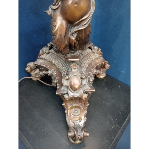 224 - Bronze lamp in the form of a classical female figure and cherub on an ornate base {H 100cm x W 40cm ... 